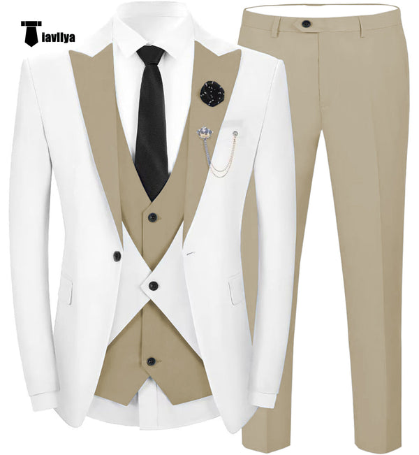 Fashion Men’s Suits Slim Fit 3 Pieces Peak Lapel Tuxedos (White Blazer + Vest + Pant) Xs / Khaki