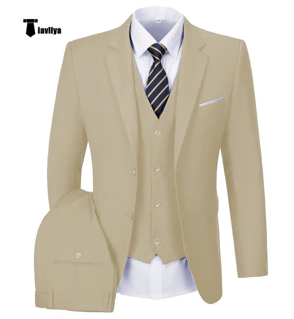 Casual Men’s 3 Pieces Mens Suit Notch Lapel Flat Tuxedos (Blazer + Vest + Pants) Xs / Khaki