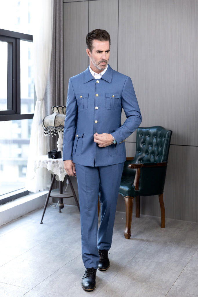 Fashion Men’s 2 Pieces Mens Suit Stand Lapel Flat Tuxedos (Blazer + Pants) Suit
