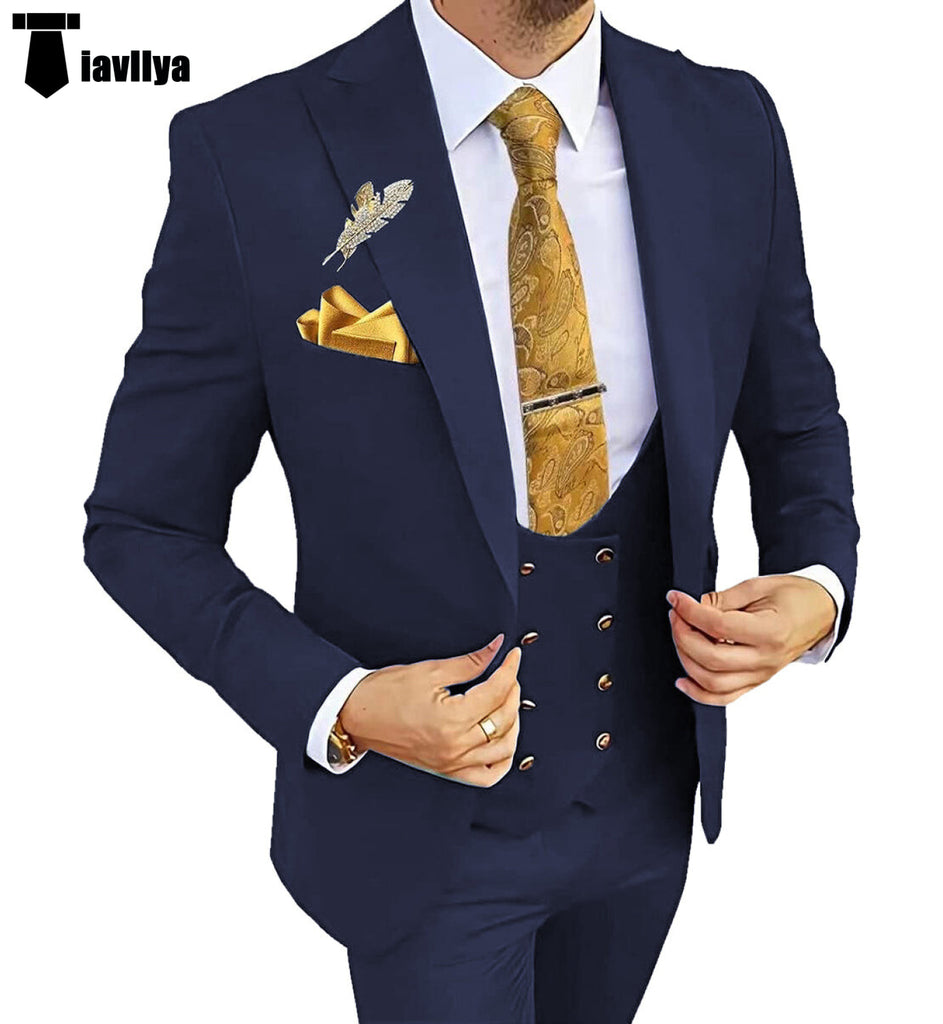Fashion Men’s Suit 3 Piece Peak Lapel Flat Tuxedo Wedding (Blazer + Vest + Pants) Xs / Navy