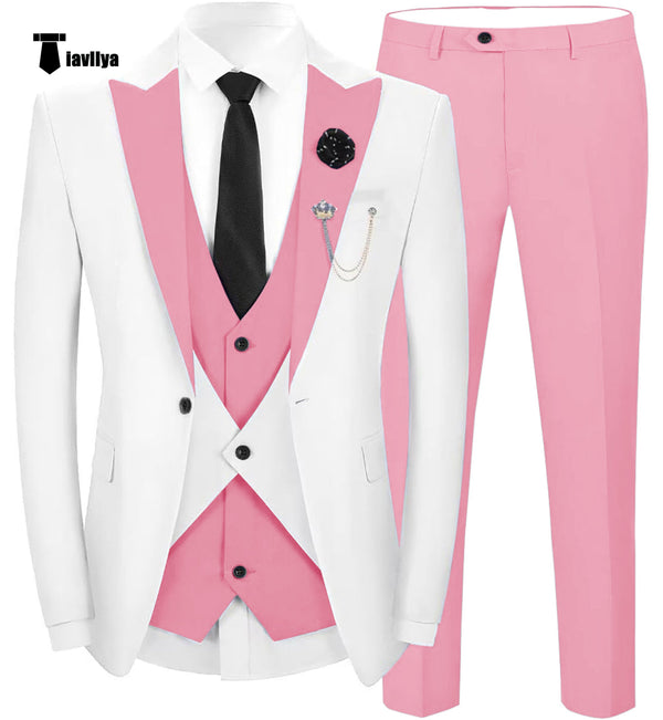 Fashion Men’s Suits Slim Fit 3 Pieces Peak Lapel Tuxedos (White Blazer + Vest + Pant) Xs / Pink