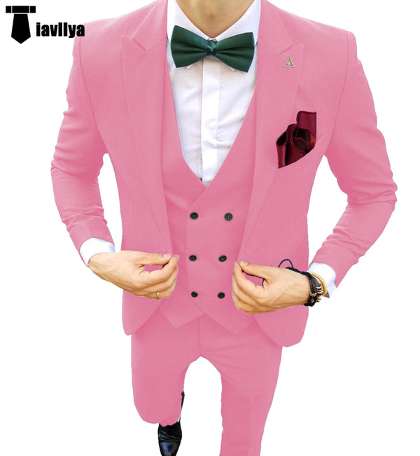 Fashion Men’s Suit 3 Piece Peak Lapel Flat Tuxedo Wedding (Blazer + Vest + Pants) Xs / Pink