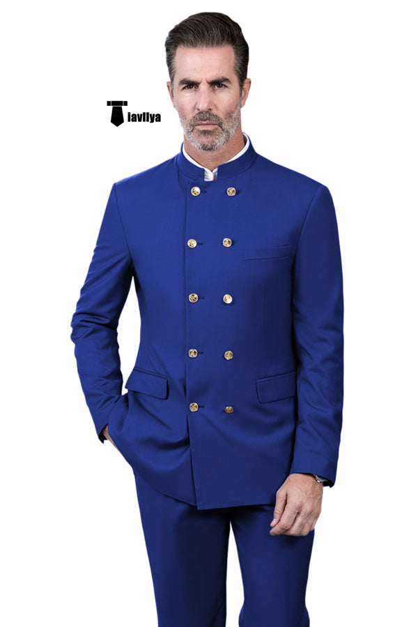 Classic 2 Piece Men’s Slim Fit Stand Collar Suit (Blazer + Pants） Xs / Royal Blue Pieces Suit