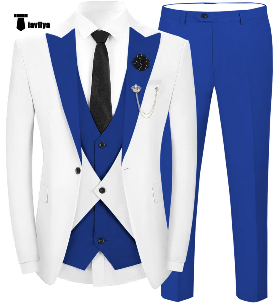 Fashion Men’s Suits Slim Fit 3 Pieces Peak Lapel Tuxedos (White Blazer + Vest + Pant) Xs / Royal