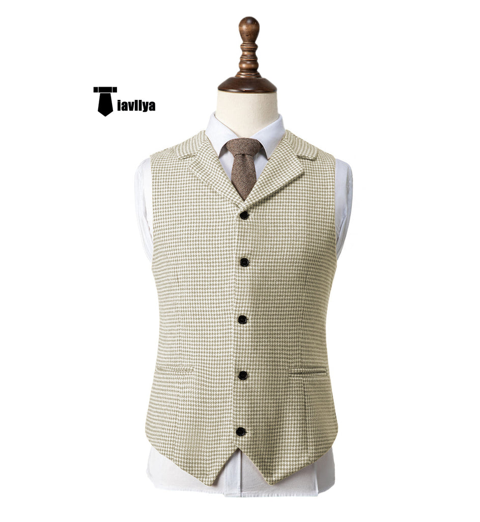 Fashion Men’s Vest Houndstooth Notch Lapel Waistcoat Xs / Beige Suit Vest