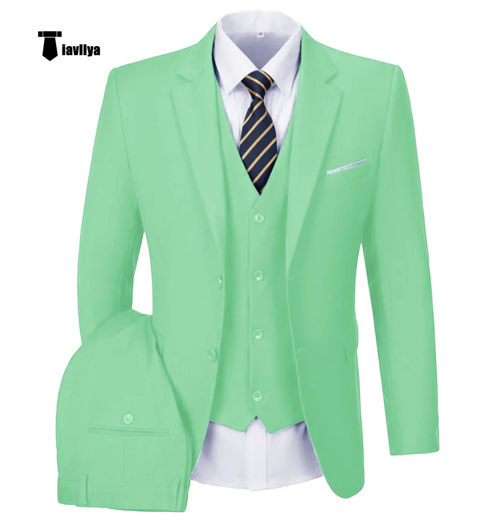 Casual Men’s 3 Pieces Mens Suit Notch Lapel Flat Tuxedos (Blazer + Vest + Pants) Xs / Mint Green