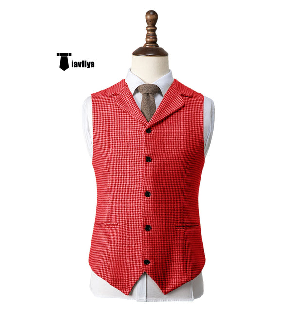 Fashion Men’s Vest Houndstooth Notch Lapel Waistcoat Xs / Red Suit Vest