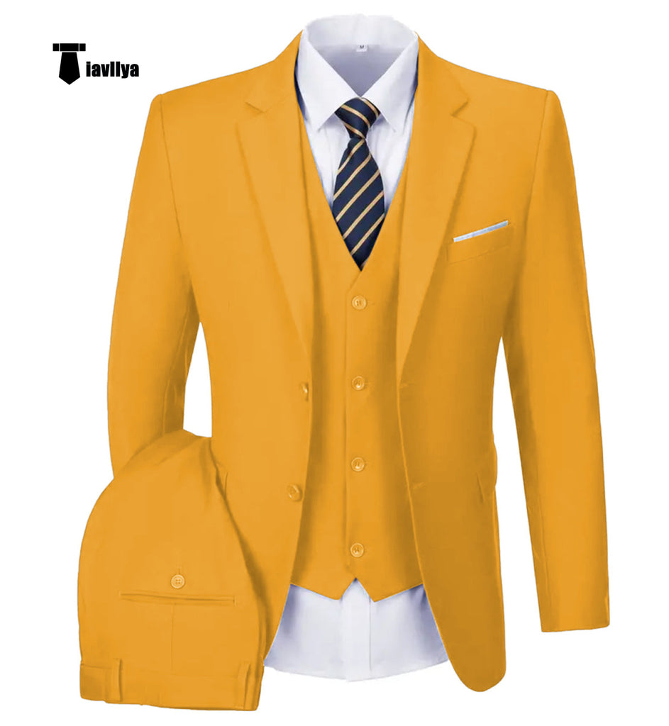 Casual Men’s 3 Pieces Mens Suit Notch Lapel Flat Tuxedos (Blazer + Vest + Pants) Xs / Gold Pieces