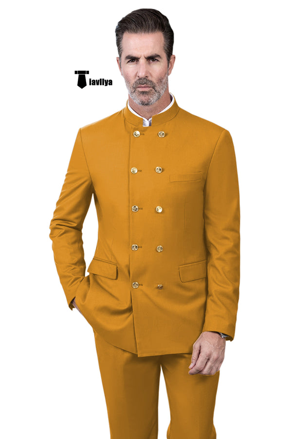 Classic 2 Piece Men’s Slim Fit Stand Collar Suit (Blazer + Pants） Xs / Gold Pieces Suit