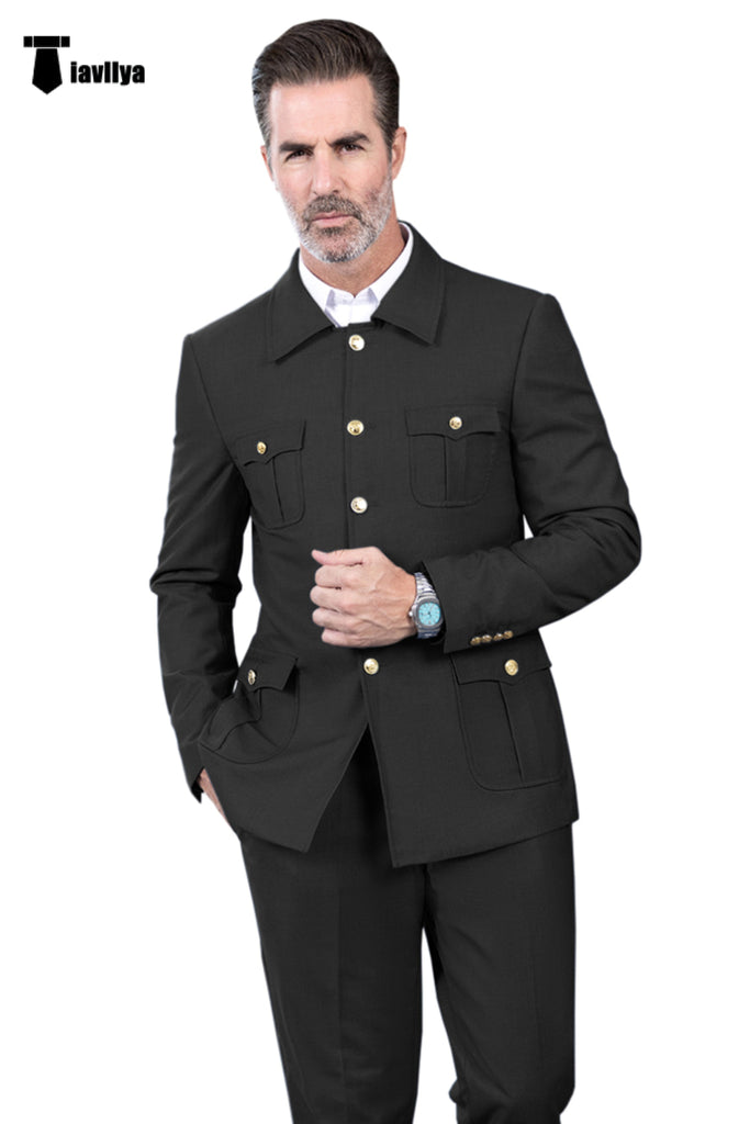 Fashion Men’s 2 Pieces Mens Suit Stand Lapel Flat Tuxedos (Blazer + Pants) Xs / Black Suit