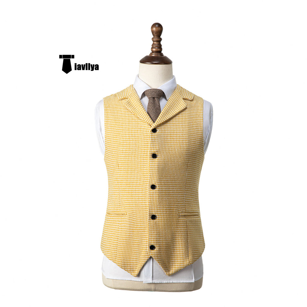 Fashion Men’s Vest Houndstooth Notch Lapel Waistcoat Xs / Champagne Suit Vest