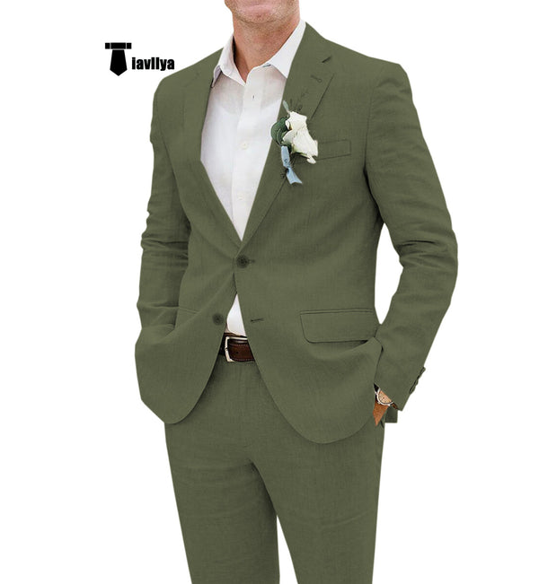 Casual Men’s 2 Pieces Suit Notch Lapel Linen For Wedding (Blazer + Pants) Xs / Army Green Pieces