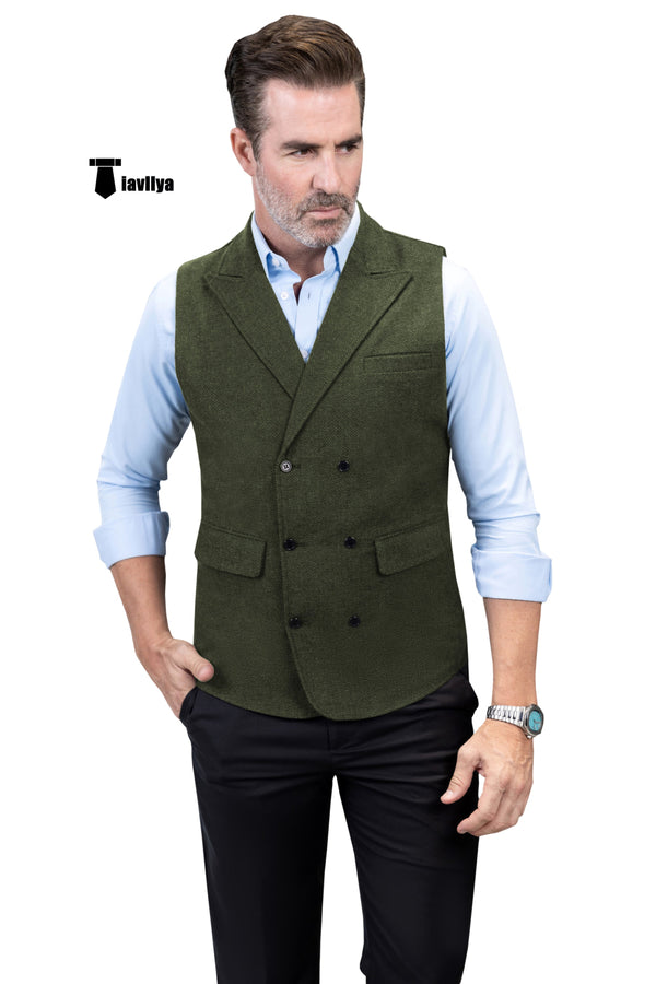 Casual Men’s Classic Tweed Herringbone Peak Lapel Waistcoat Xs / Army Green Suit Vest
