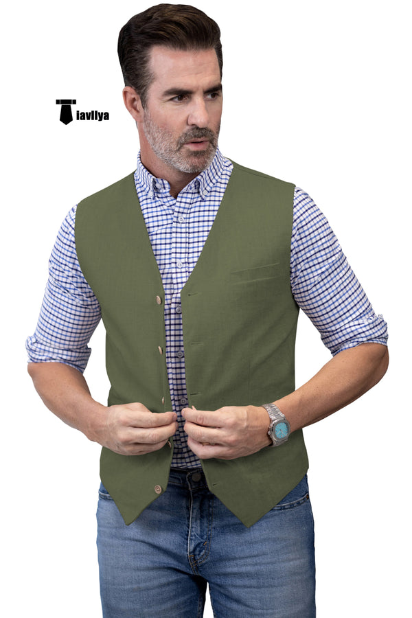 Mens Waistcoat Flat Linen V Neck Waistcoat For Wedding Xs / Army Green Suit Vest