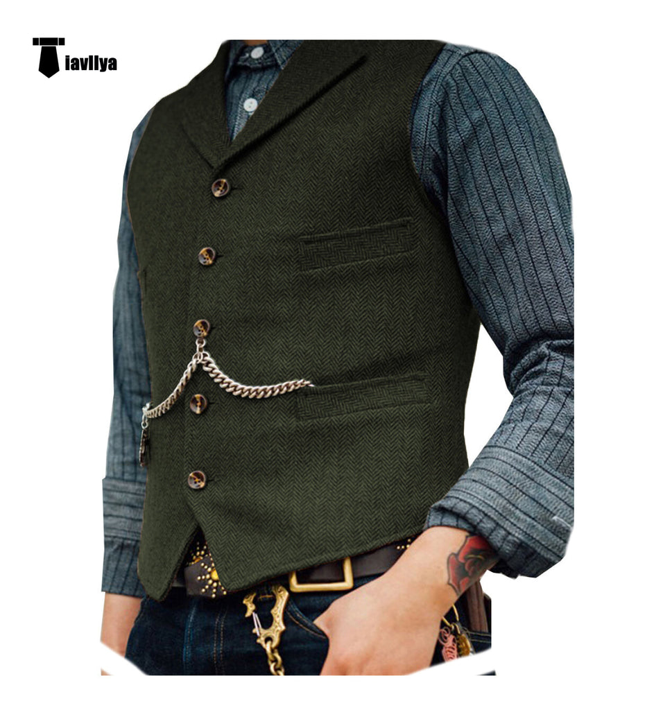 Vintage Classical Men’s Slim Fit Tweed Herringbone Waistcoat Xs / Army Green Suit Vest