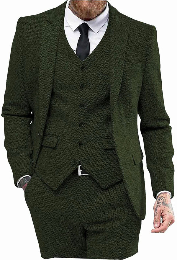 3 Pieces Suit - Vintage Classical 3 Pieces Mens Suit Herringbone Tweed Peak Lapel Tuxedos (Blazer+vest+Pants)