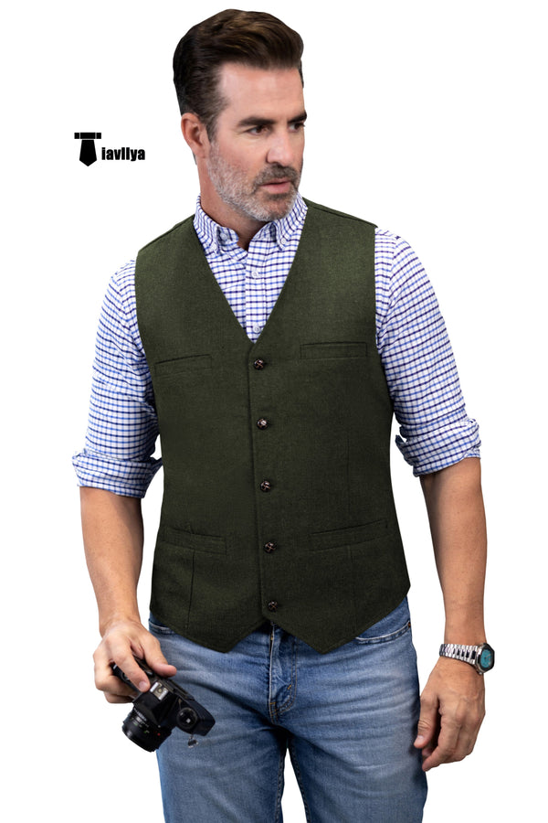 Formal Men’s Tweed Herringbone V Neck Waistcoat Xs / Army Green Suit Vest