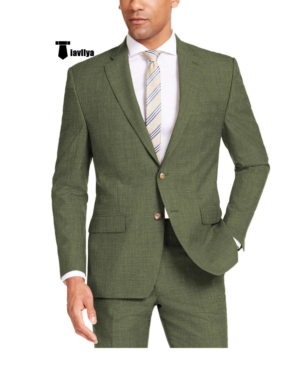 Casual Men’s 2 Pieces Suit Notch Lapel Linen For Wedding (Blazer + Pants) Xs / Army Green Pieces