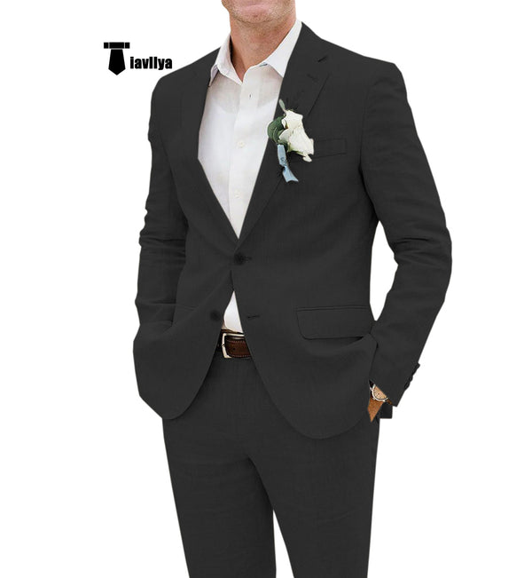 Casual Men’s 2 Pieces Suit Notch Lapel Linen For Wedding (Blazer + Pants) Xs / Black Pieces Suit