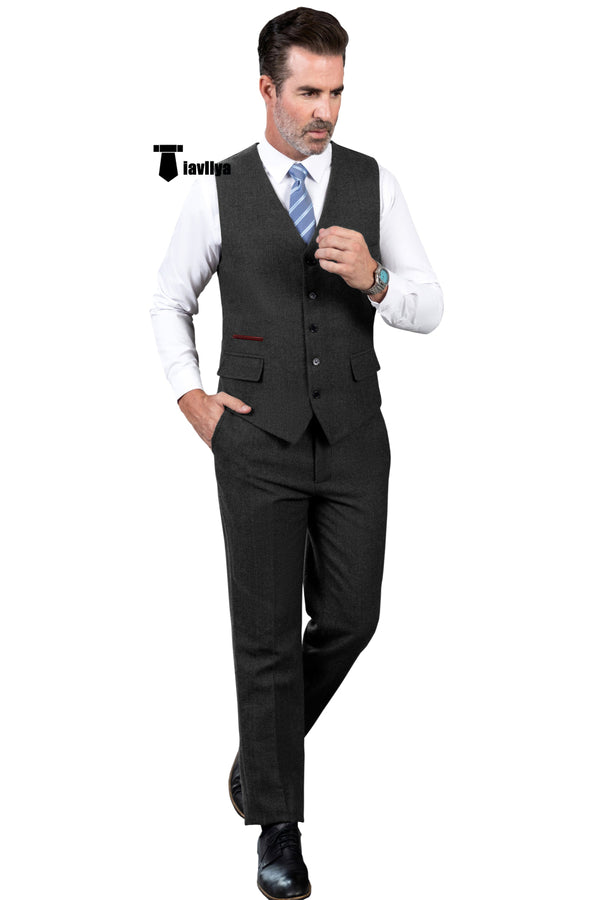 Vintage Classical 2 Pieces Mens Suit Herringbone V Neck Vest For Wedding (Vest + Pants) Xs / Black