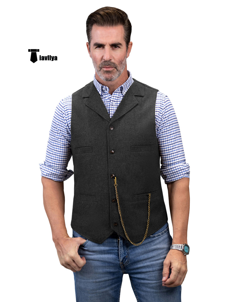 Casual Men’s Tweed Herringbone Notch Lapel Waistcoat Xs / Black Suit Vest