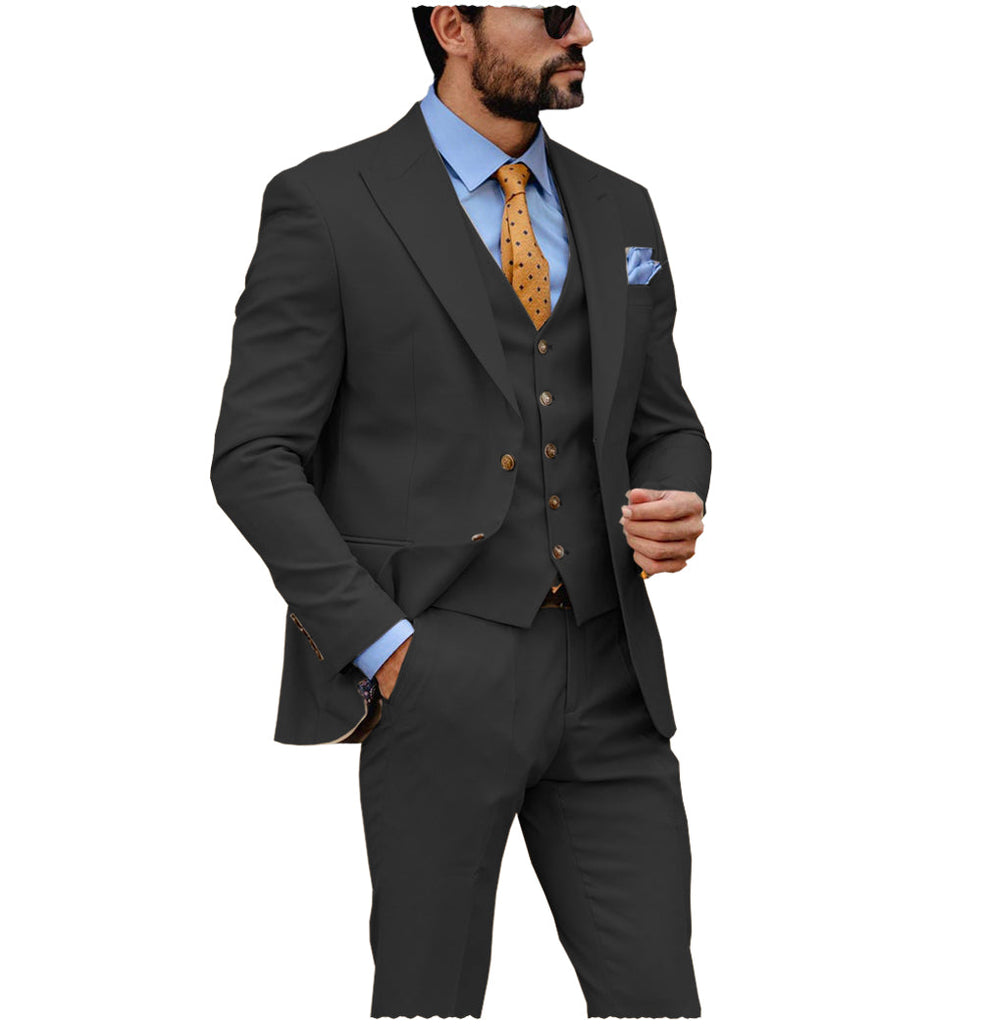 3 Pieces Suit - Formal Men's 3 Piece Regular Fit Peak Lapel Flat Men's Suit (Blazer+Vest+Pants)