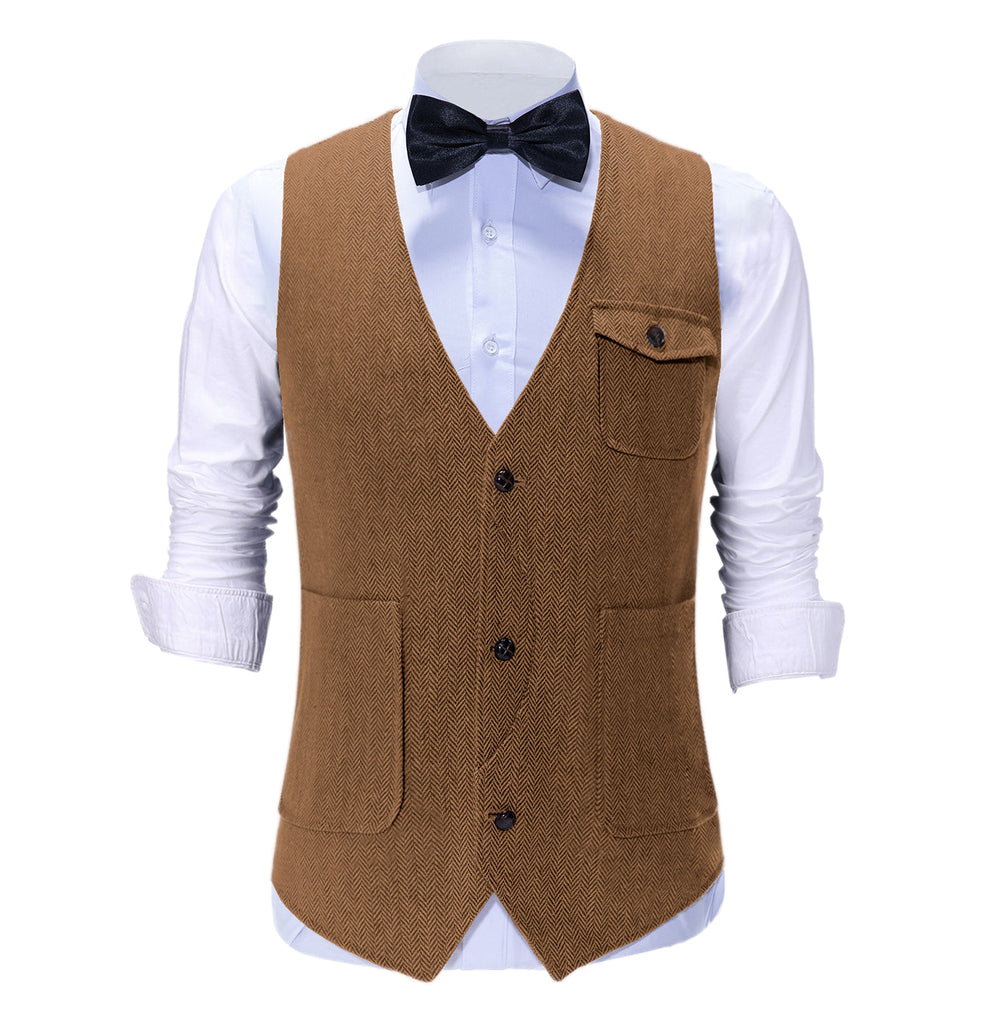 Suit Vest - Vintage Classical Mens Regular Fit Tweed Herringbone V Neck Suit Vest