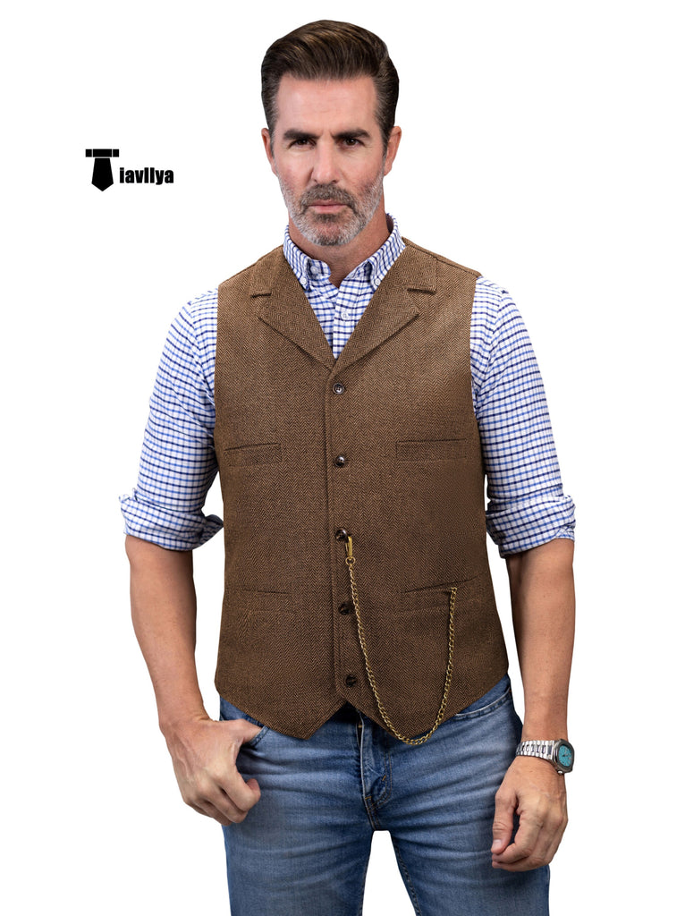 Casual Men’s Tweed Herringbone Notch Lapel Waistcoat Xs / Brown Suit Vest