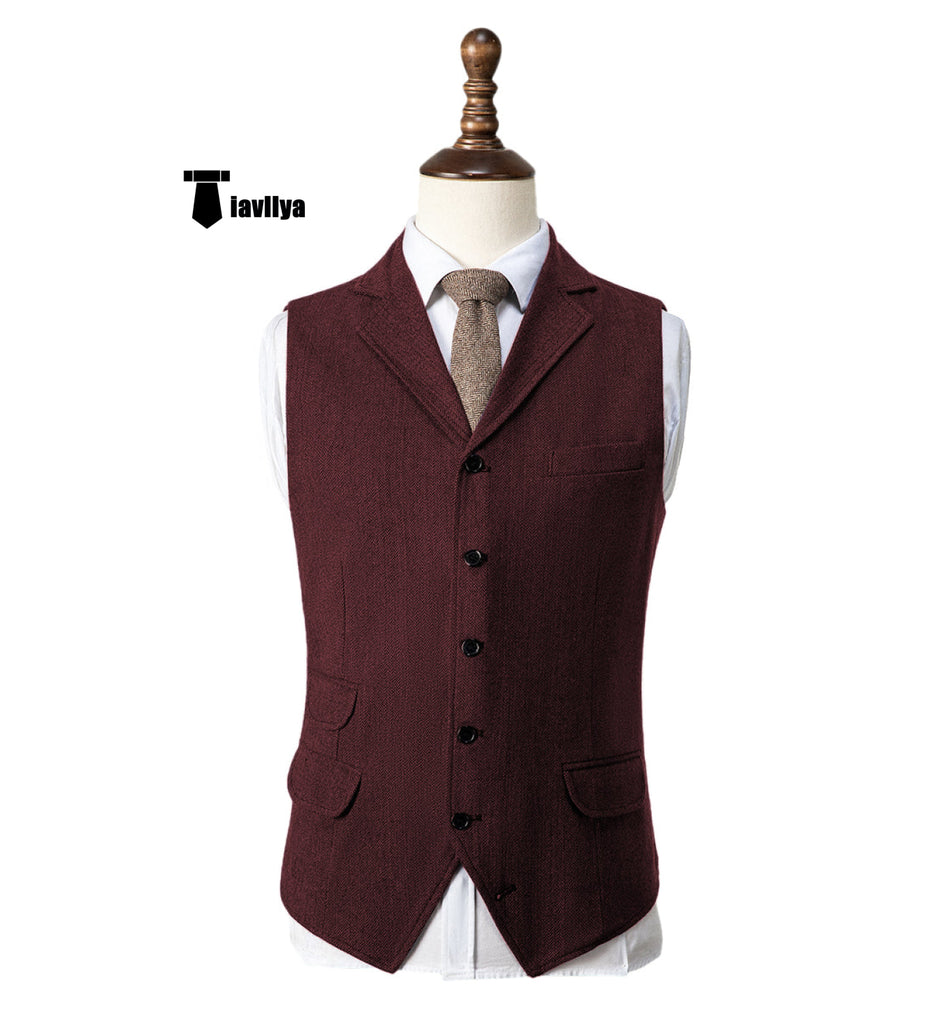 Vintage Classical Men’s Classic Tweed Herringbone Notch Lapel Waistcoat Xs / Burgundy Suit Vest