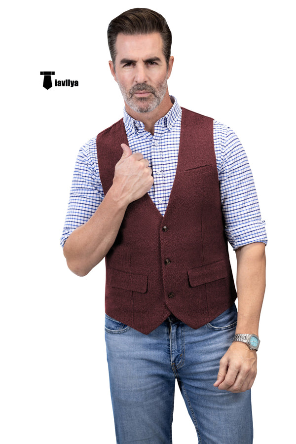 Casual Men’s Herringbone V Neck Waistcoat Xs / Burgundy Suit Vest