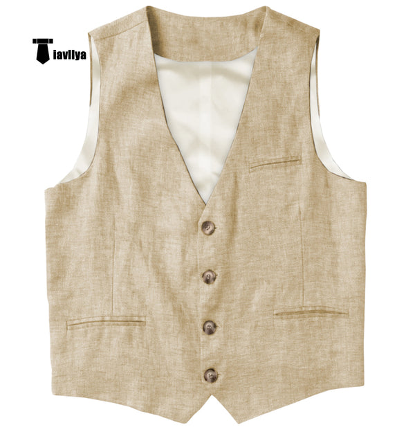 Casual Mens Waistcoat Flat Linen V Neck Waistcoat For Wedding Xs / Champagne Suit Vest