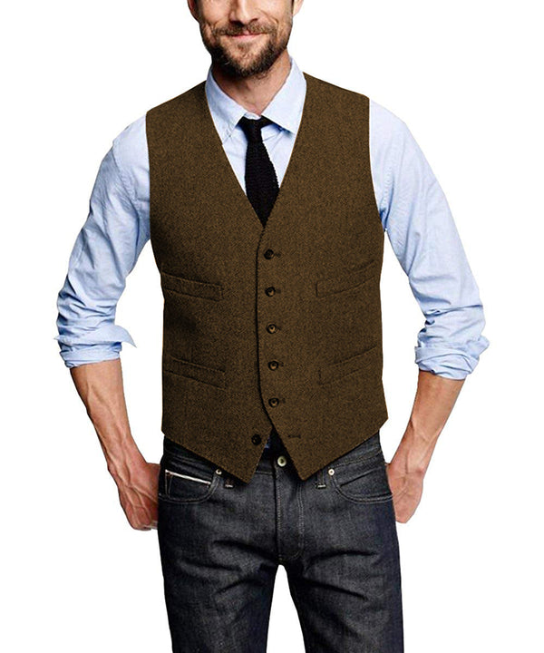 Suit Vest - Casual Men's Tweed Herringbone V Neck Vest