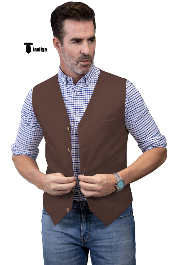 Mens Waistcoat Flat Linen V Neck Waistcoat For Wedding Xs / Coffee Suit Vest