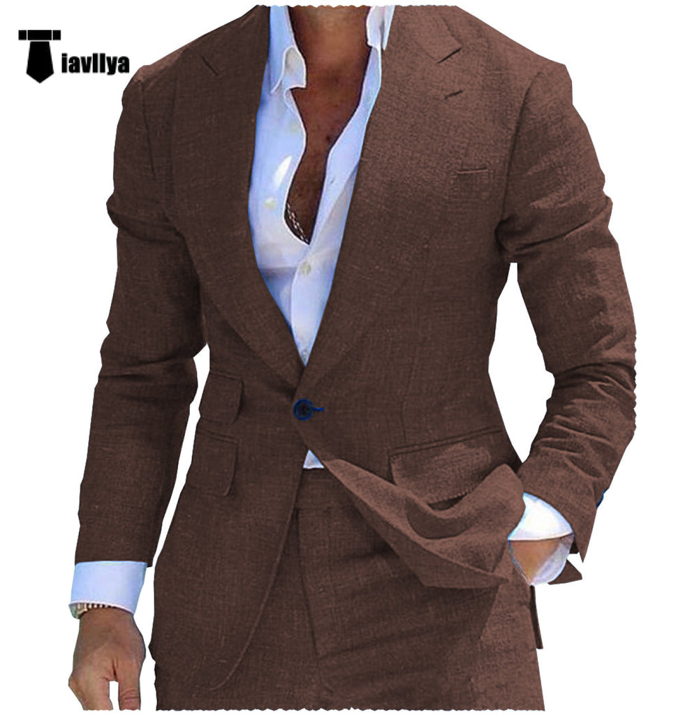 Fashion Men’s 2 Pieces Mens Suit Peak Lapel Linen For Wedding (Blazer + Pants) Xs / Coffee Pieces