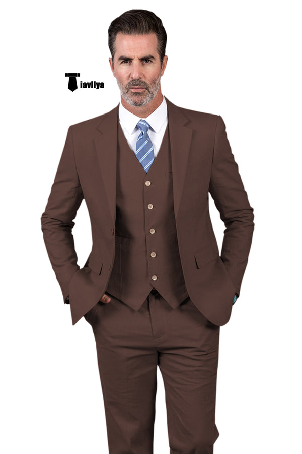 Formal Men’s 3 Pieces Mens Suit Notch Lapel Linen For Wedding (Blazer + Vest + Pants) Xs / Coffee