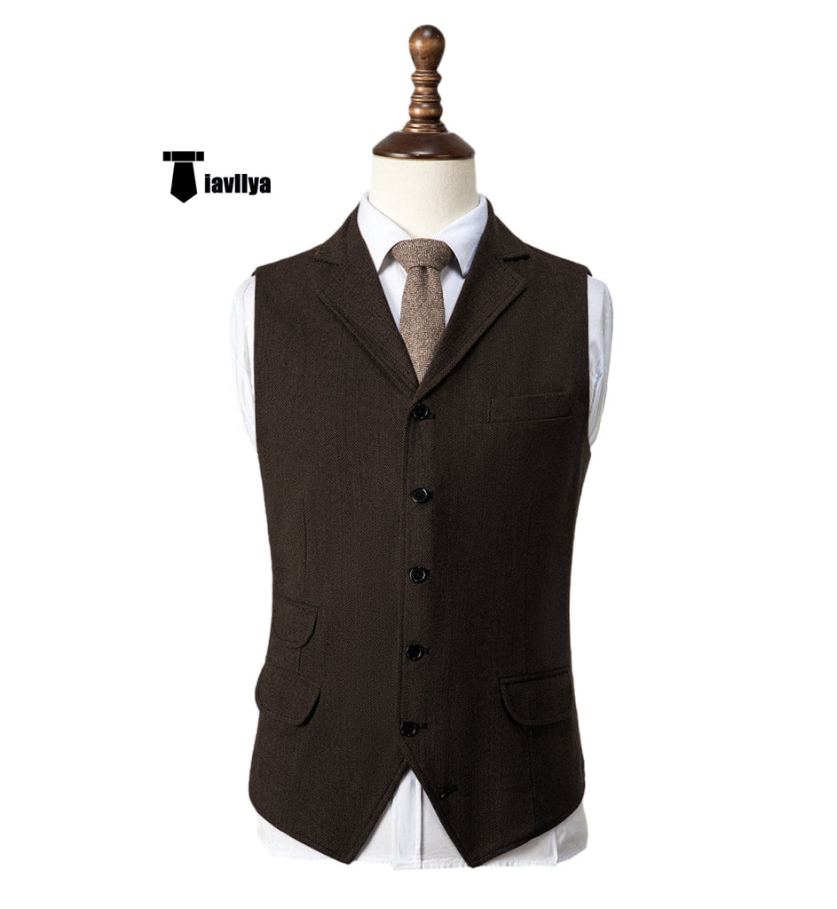 Vintage Classical Men’s Classic Tweed Herringbone Notch Lapel Waistcoat Xs / Coffee Suit Vest