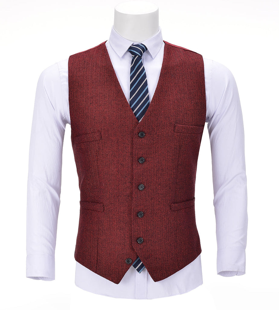 Suit Vest - Vintage Classical Mens Regular Fit Tweed Herringbone V Neck Waistcoat