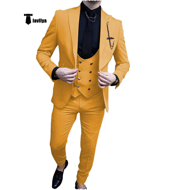 Fashion Men’s Suit 3 Piece Peak Lapel Flat Tuxedo Wedding (Blazer + Vest + Pants) Xs / Gold