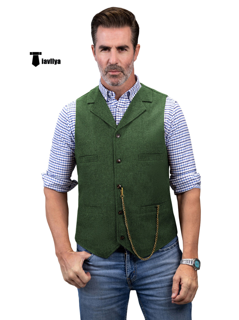 Casual Men’s Tweed Herringbone Notch Lapel Waistcoat Xs / Green Suit Vest