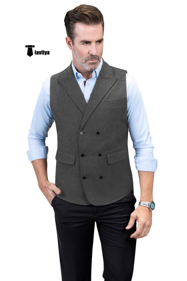 Casual Men’s Classic Tweed Herringbone Peak Lapel Waistcoat Xs / Grey Suit Vest