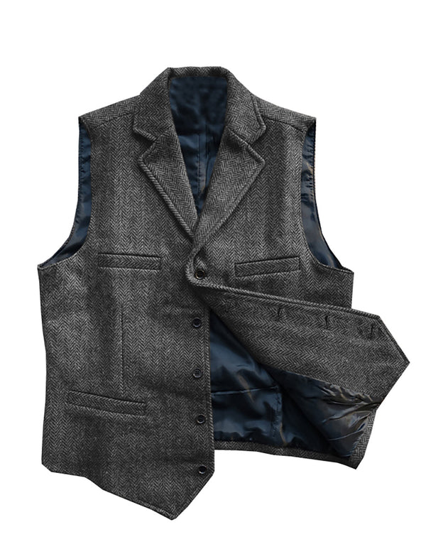 Suit Vest - Vintage Classic Slim Tweed Herringbone Notched Lapel Waistcoat