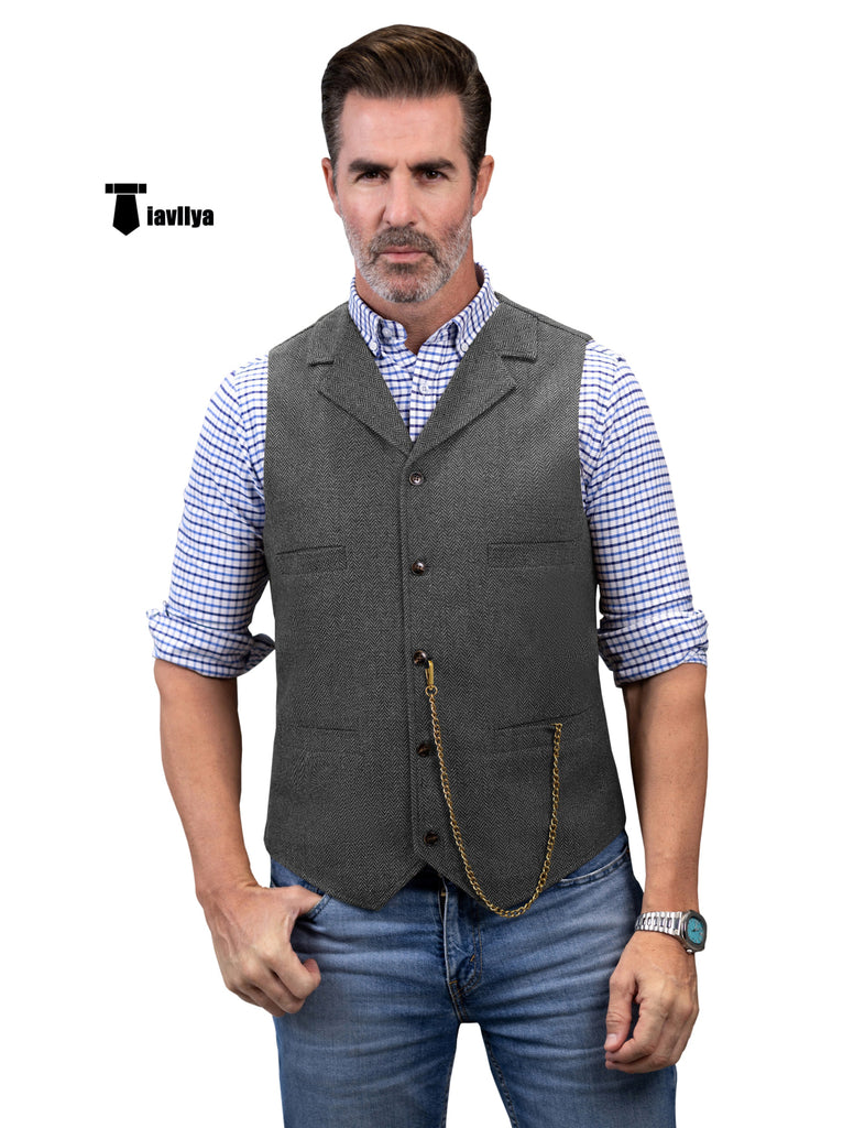 Casual Men’s Tweed Herringbone Notch Lapel Waistcoat Xs / Grey Suit Vest