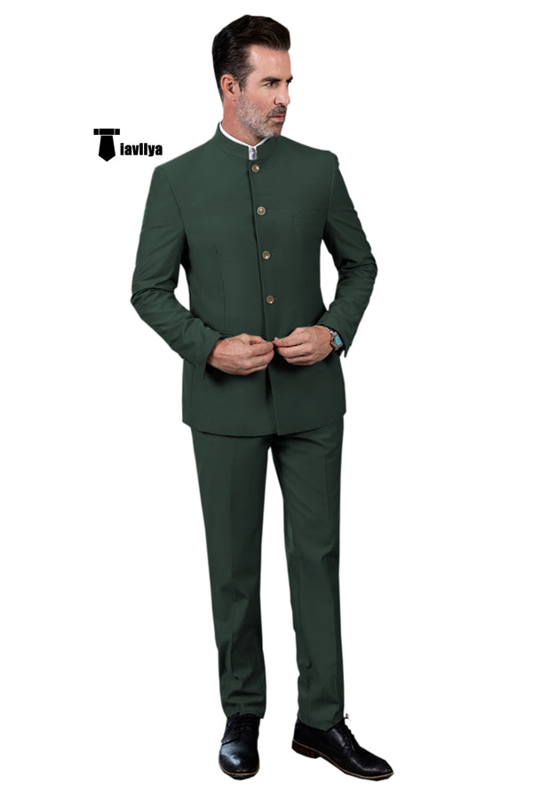Fashion 2 Piece Men’s Slim Fit Solid Color Stand Collar Suit (Blazer + Pants） Xs / Hunt Green