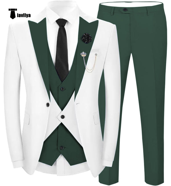 Fashion Men’s Suits Slim Fit 3 Pieces Peak Lapel Tuxedos (White Blazer + Vest + Pant) Xs / Hunt