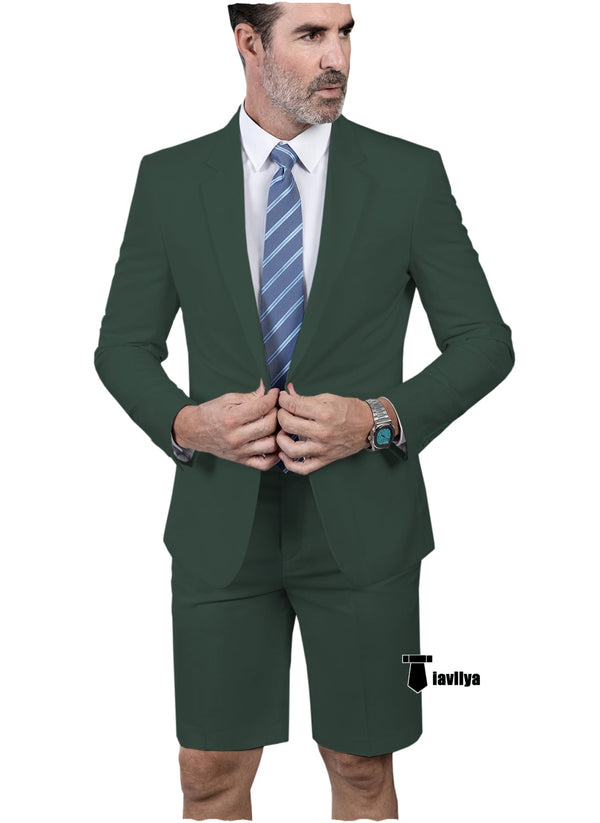 Fashion 2 Pieces Mens Suit Flat Notch Lapel Tuxedos For Wedding (Blazer + Shorts) Xs / Hunt Green