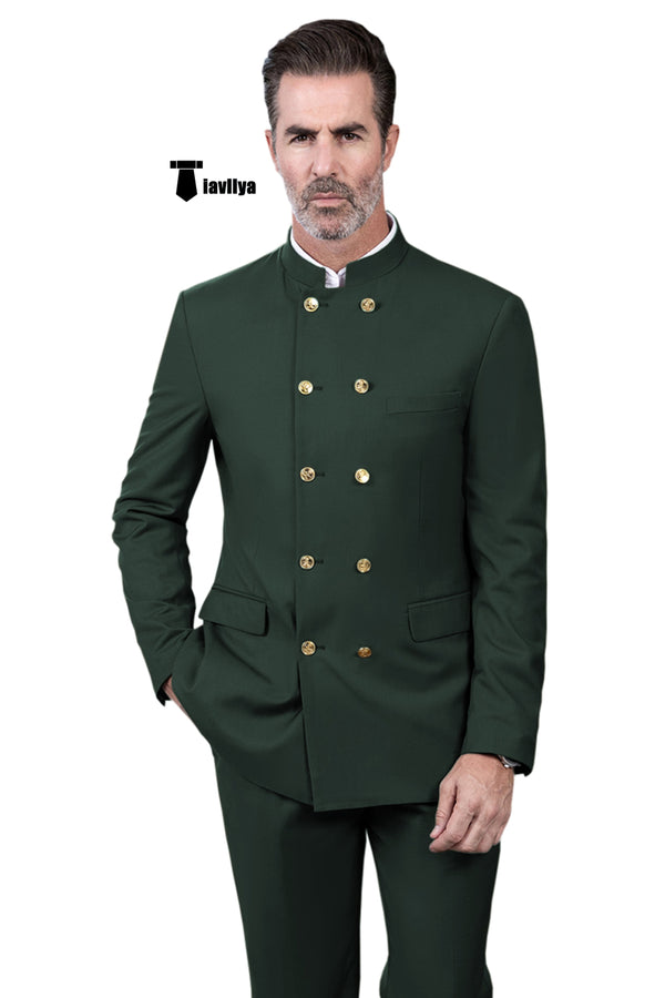 Classic 2 Piece Men’s Slim Fit Stand Collar Suit (Blazer + Pants） Xs / Hunt Green Pieces Suit