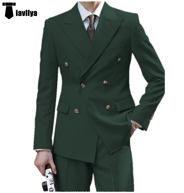 2 Pieces Suit - Formal 2 Pieces Mens Suit Flat Peak Lapel Double Breasted Tuxedos For Wedding (Blazer+Pants)