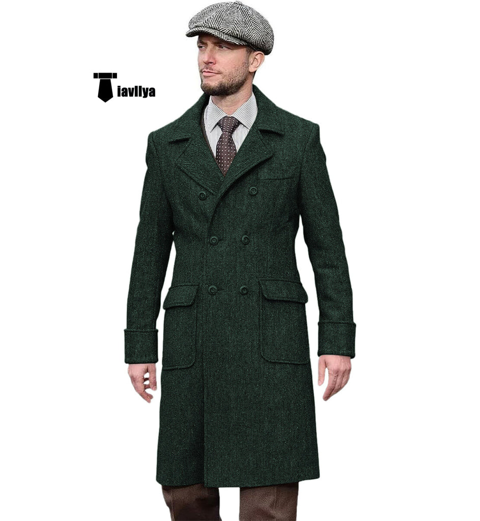 Vintage Trench Coat Men Double Breasted Notch Collar Herringbone Tweed Slim Fit Winter Wedding Xs /