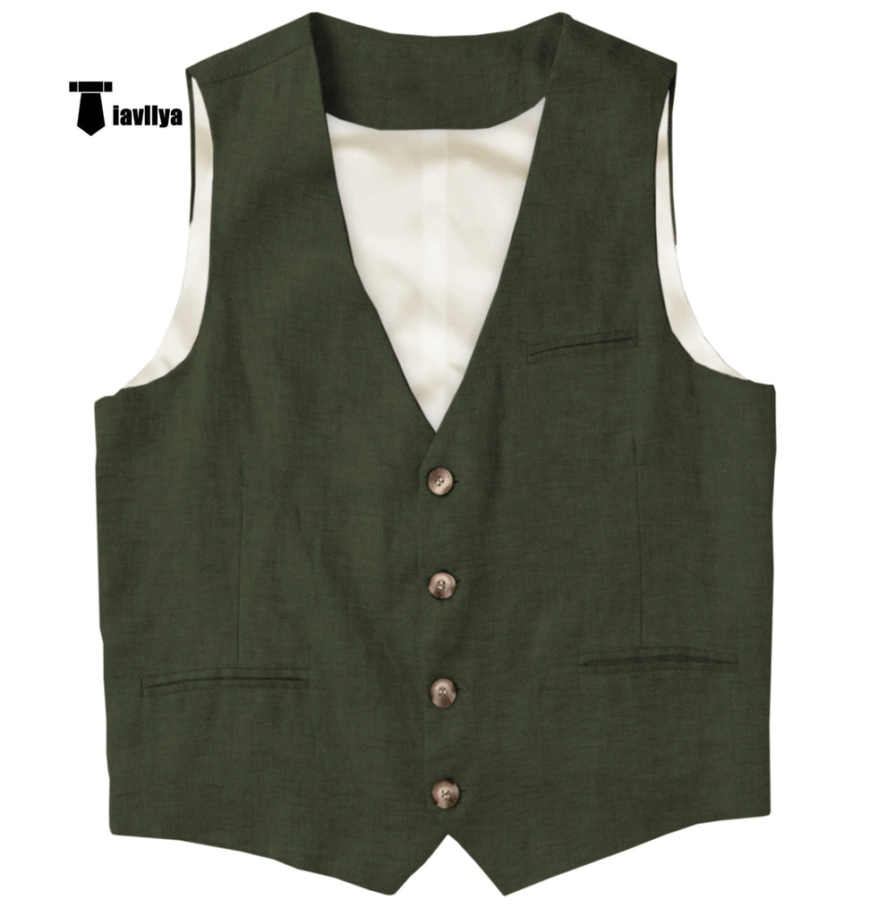 Casual Mens Waistcoat Flat Linen V Neck Waistcoat For Wedding Xs / Hunt Green Suit Vest