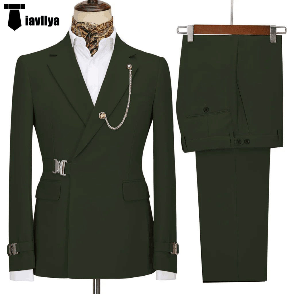 2 Piece Men’s Suit With Metal Clasp Slim Fit Stylish Tuxedo Set (Blazer + Pants) Xs / Army Green